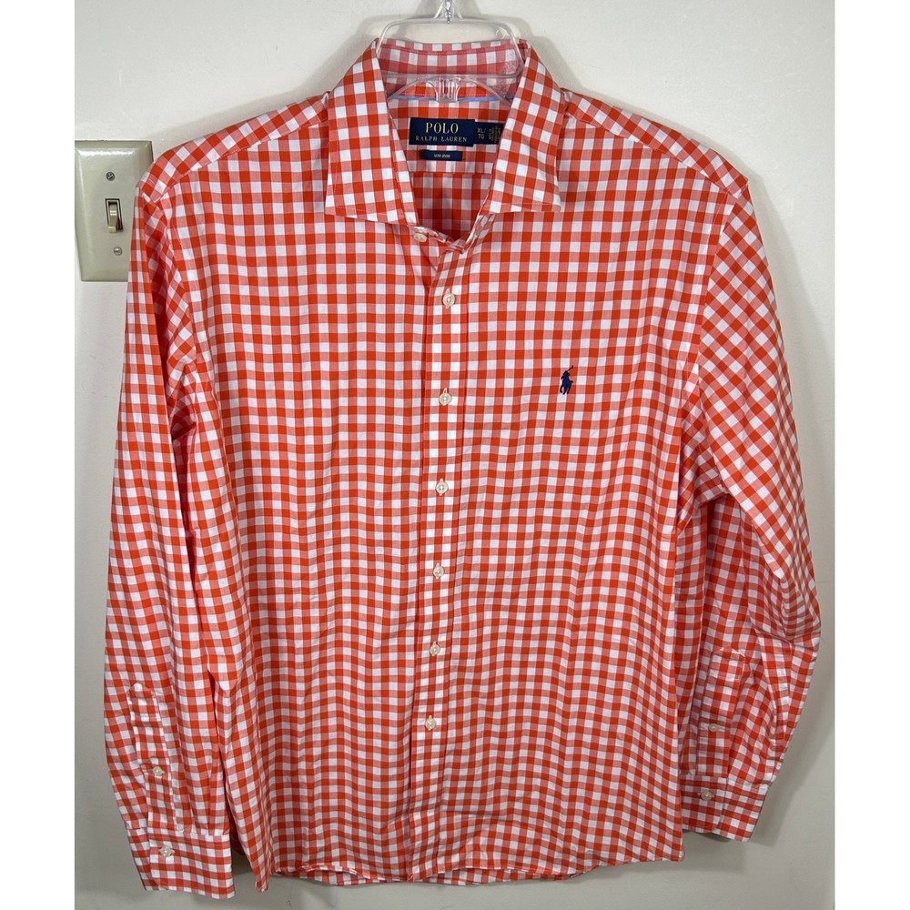 Polo Ralph Lauren Button Down Shirt Mens XL Orange Gingham Non-Iron L/S Academia
